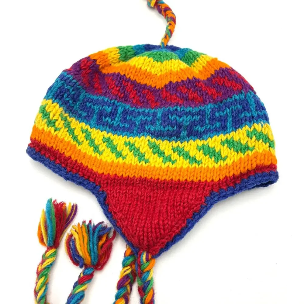 Rainbow Striped Wool Sherpa Hat Earflap Beanie Toque Toboggan Stocking Cap Nepal